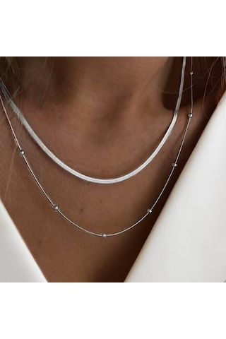 Çelik Takı Seti Kolye İtalyan Ezme Ve Dorika Model İkili Gümüş Silver Gümüş