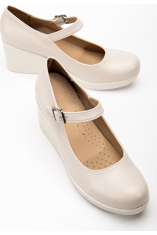 Baretli Suni Deri Bej Rugan Kadın Dolgu Taban Ayakkabı-3808 Bej