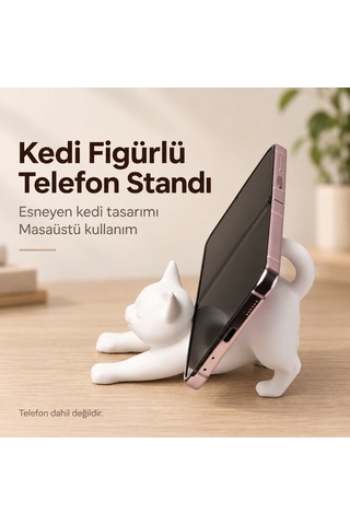 Kedi Figürlü Telefon Standı Beyaz Dekoratif Masaüstü Telefon Tutucu