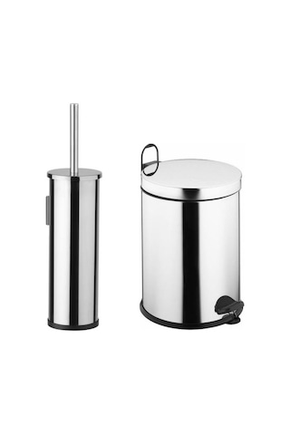 5 Litre Paslanmaz 2'li Banyo Seti Pedallı Çöp Kovası Wc Klozet Tu Gri