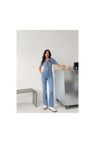 Kene Jeans Kısa Kol Buz Kar Likralı Denim İspanyol Paça Tulum Buz Kar