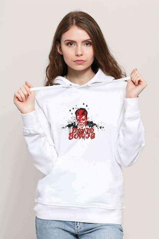 David Bowie Baskılı Beyaz Kadın Kapşonlu Sweatshirt