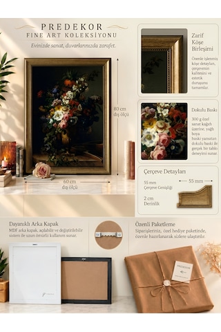 Gold Varaklı Vintage Çerçeveli Büyük Boy Tablo Dark Floral Hollanda Stili Çiçek Natürmort Dokulu Yağlı Boya Dekoratif Tablosu 50 X 70 Çerçeveli 60 X 80