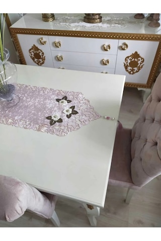 Mina Kadife Kumaş Lazer Kesim Çiçek Süslemeli Pudra Krem Runner 40x140 Cm 719 Pudra