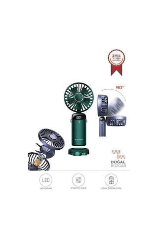 Torima F-19 Yeşil Dijital Ekranlı Şarjlı 90 Derece Ayarlanabilir Başlıklı Mini Masa Fan Vantilatör