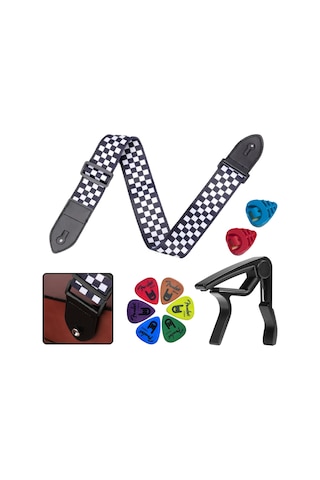 Midex Sr-11wb-pak Desenli Gitar Omuz Askısı Metal Capo 2 Pena Kutusu 6 Pena