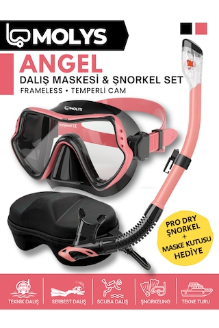 Molys Angel Dalış Maskesi + Antı Fog Buğu Önleyici Film + Pro Full Dry Tam Kuru Şnorkel + Maske Koruma Kutusu Set Halinde Siyah - Pembe