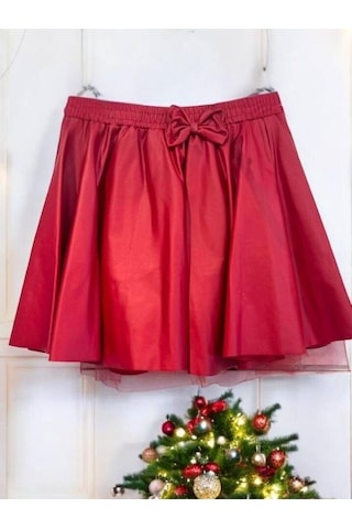 Kız Çocuk Fiyonk Detaylı Deri Etek-15121 Kırmızı