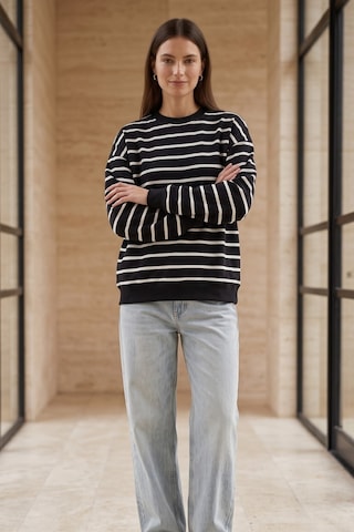 Rovebella Breton Çizgili İnce Penye Sweatshirt Siyah