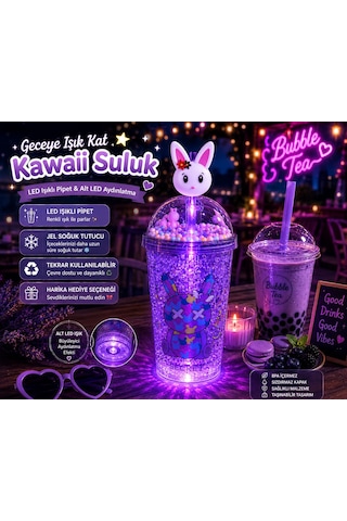 Çift Katmanlı İçecek Bardağı Led Işıklı Pipetli Kawaii Chibi Sevimli Tavşan Figürlü Suluk 450 Ml Mor