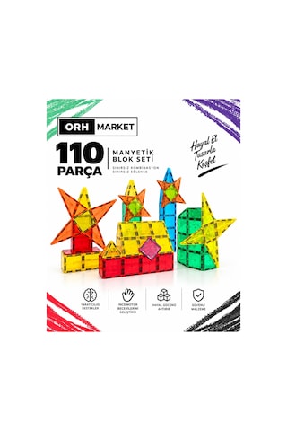 ORH Market 110 Parça 7.5 Cm Büyük Boy Manyetik Blok Seti Güçlü Mıknatıslı Zeka Geliştirici Eğitici Oyuncak