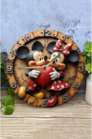 Mickey Ve Minnie Temalı Mdf Duvar Saati 33 Cm, 3d Görünümlü, 2d Hd Baskı Sdw232 Renkli