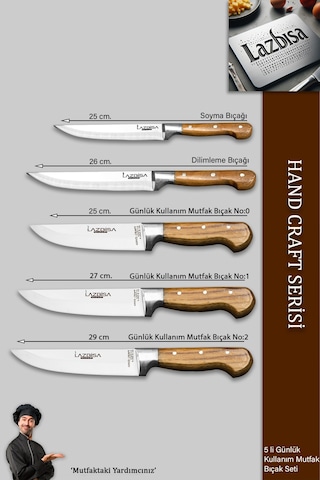 Lazbisa Mtf-037 Hand Craft Mutfak Bıçak Seti Et Ekmek Sebze Bıçağı 5 Li Set Günlük Kullanım