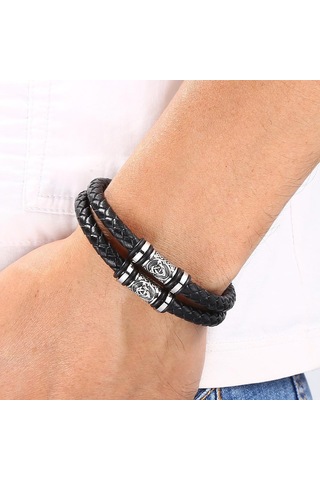Punk Erkekler Viking Tarzı Deri Bileklik Örgülü Çok Katmanlı Paslanmaz Çelik İskandinav Rünleri Bilezikler Çift Takı Hediye Siyah