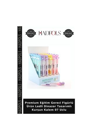 Premium Eğitim Gereci Figürlü Ürün Ledli Dinazor Tasarımlı Kurşun Kalem 07 Uclu Çok Renkli