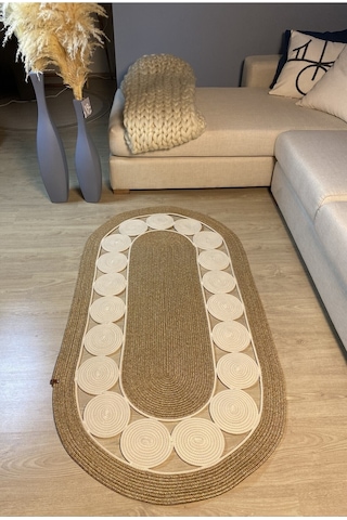 Cookie Jüt Hasırlı El Örgüsü Kilim Krem - Bej