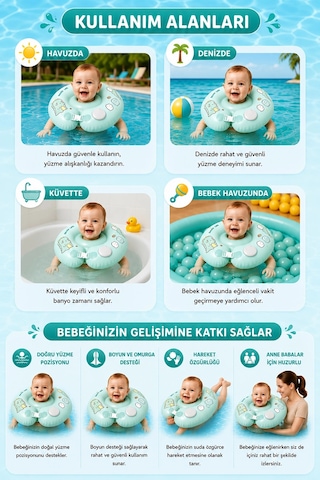 Bebek Yüzme Boyun Simidi Pompa Gerektirmeyen Yeni Nesil 0-12 Ay Bebek Simidi, Çift Emniyet Tokalı Gü
