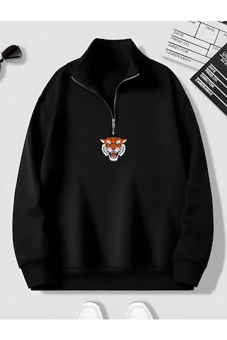 Harmandar Siyah Erkek Kaplan Baskılı Dik Yaka Yarım Fermuarlı Düz Kazak Sweatshirt Siyahkaplandikyaka
