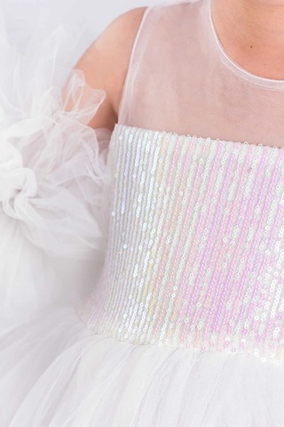 Kız Çocuk Abiye Elbise Ponpon Kol Pul Payetli Tütülü Beyaz