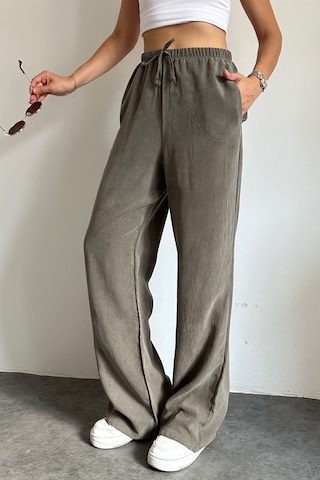 Feela Moda 2008 Bağcıklı Beli Lastikli Yıkamalı Modal Dokuma Palazzo Kadın Pantolon Haki