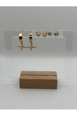 Arnes Jewelry Çelik Zirkon Taşlı Kalp Ritmi Küpe - 4 Çift Set Ar401nes Gold