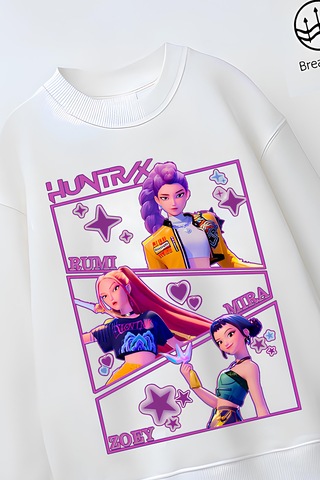 Tam Kalıp Oversize Kız Çocuk Pamuğa Pamuk 3 İplik Kumaş Pop Tasarım Sweatshirt Beyaz