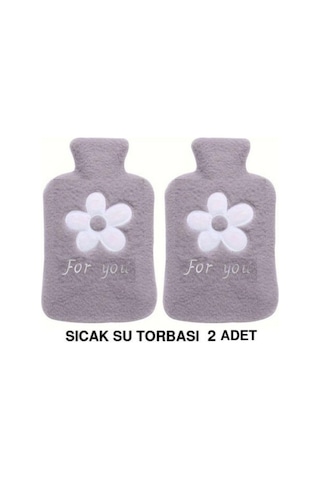 2 Adet Sıcak Su Torbası Peluş Papatya Desenli Gri 21x13,5x2cm 500 Ml Gri