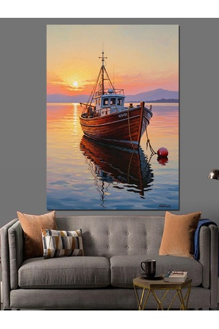 Ahşap Tablo Denizde Süzülen Küçük Balıkçı Teknesi