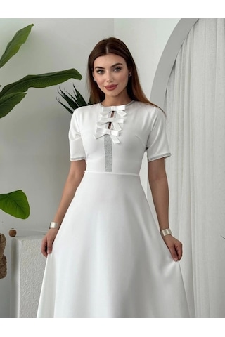Defymoda Wera Taşlı Fiyonk Detaylı Elbise Beyaz