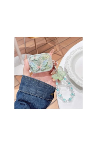 Apple AirPods 3 Uyumlu Simli Kulaklık Kılıfı - 3d Kabartmalı Yeşil Butterfly Figürlü Boncuk Zincir Askılı Esnek Tpu Kılıf Şeffaf
