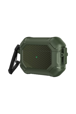 Apple Uyumlu AirPods Pro 3. Nesil İle Kılıf Kilitli Armor Tank Karbon Detaylı Difu Case Yeşil