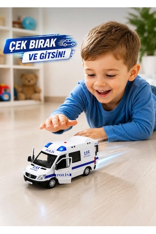 Oyuncak Metal Işıklı Sesli Çek Bırak Özellikli Ön Ve Arka Kapılar Açılır Ambulans-polis-itfaiye-askeri Jandarma Minibüsü 12 Cm Mavi