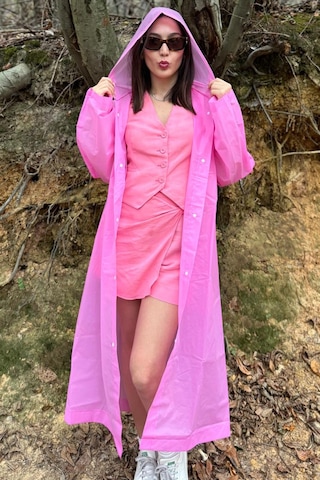 Mollycrush Unisex Su Rüzgar Geçirmez Katlanabilir Kapüşonlu Çıtçıt Düğmeli Eva Mavi Yağmurluk Pembe