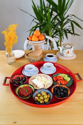 Kitchen Trend 3 Lü Ahşap Kulplu Metal Tepsi Çay Tepsisi Kahve Tepsisi Sunum Tepsi Seti Kırmızı,yeşi