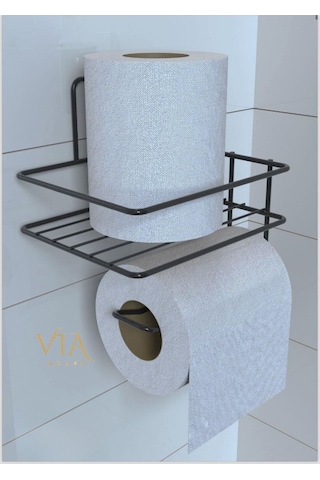 Yapışkanlı Raflı Siyah Tuvalet Kağıdı Tutacağı Askısı Metal Tuvalet Kağıtlık Wc Raf Siyah