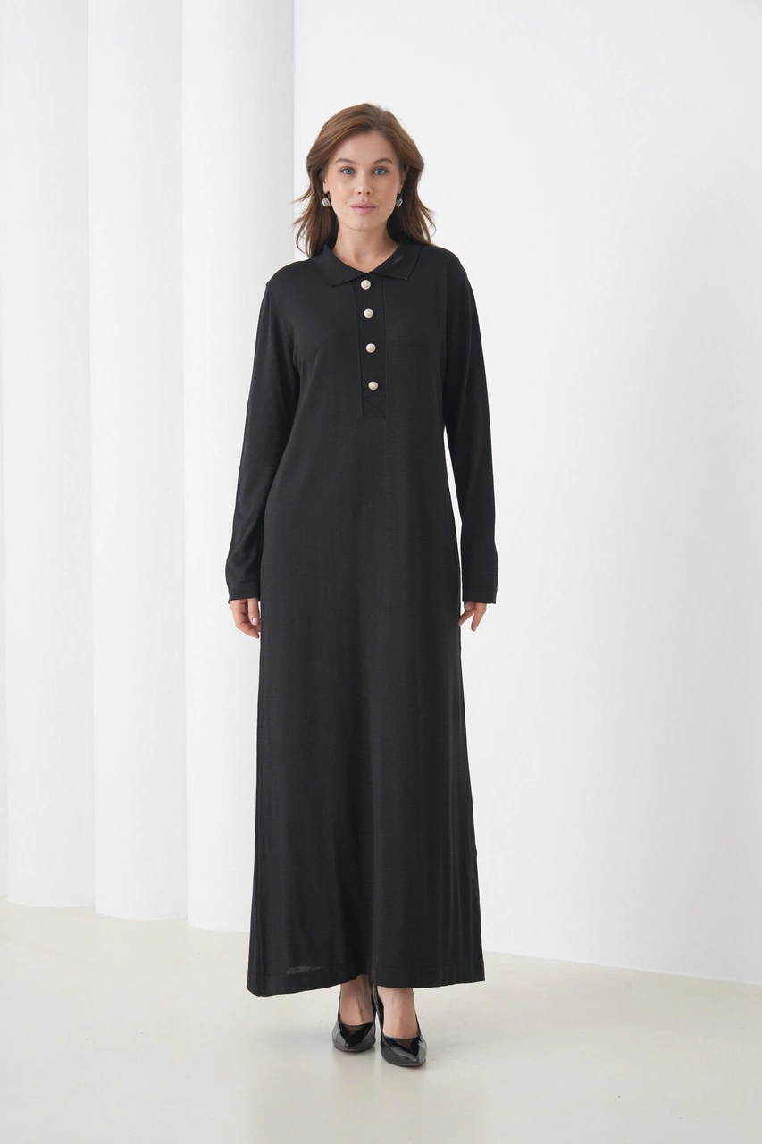 Kadın Uzun Kol Gömlek Yaka Triko Önden Düğmeli Triko Spor Şık Elbise Siyah