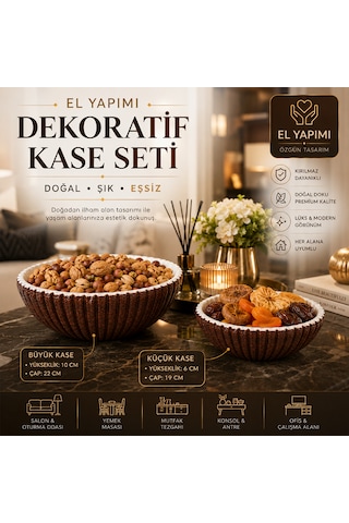 El Yapımı Dekoratif Kase Seti 2'li Kırılmaz Meyvelik Çerezlik Modern Sunum Kasesi Kahverengi Beyaz Beyaz - Kahverengi