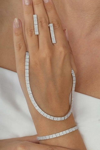 Gümüş Pazarım Beyaz Altın Kaplama 3 Sıra Su Yolu 925 Ayar Gümüş Düğün Seti Gümüş