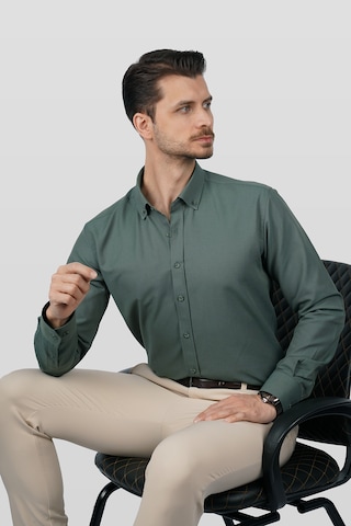 Yeşil Yaka Düğmeli Premium Şamre Slimfit Erkek Gömlek Yeşil