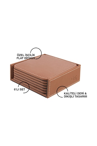Bardak Altlığı,6 Lı Set,masaüstü Kare Cup Coaster,vegan Suni Deri,11x11 Cm.,taba