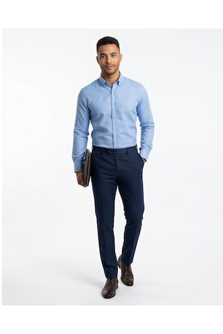 Özeniş Erkek Cepsiz Pamuklu Uzun Kollu Oxford Slim Fit Gömlek Mavi
