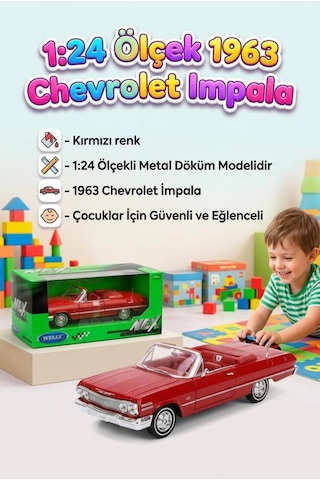 Welly 1:24 Ölçekli Lisanslı Orjinal 1963 Chevrolet Impala Kapıları Açılabilir Model Oyuncak Araba