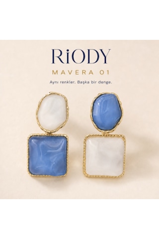 Riody Mavera 01 Mavi Beyaz Doğal Taşlı Gold Kaplama Asimetrik Kadın Küpe Mavi - Beyaz