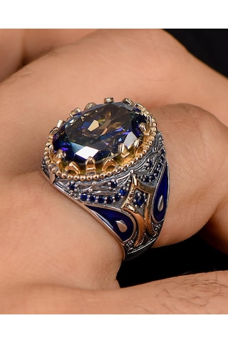 Prestij Gümüş Mistik Topaz Taşlı Zirkon Taş Süslemeli 925 Ayar Gümüş Erkek Yüzüğü