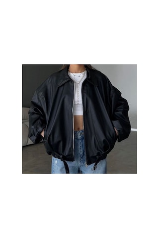 Karabulut Kadın Oversize Deri Ceket Oversize Fermuarlı Kemer Detaylı Günlük Kadın Ceket Siyah&black Siyah&black