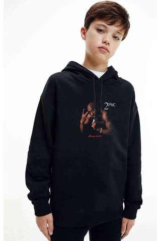 Tshirthane Tupac Best Phone Baskılı Unisex Çocuk Kapüşonlu Siyah Sweatshirt Siyah