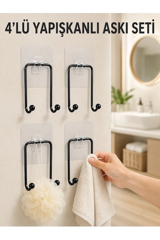 4'lü Yapışkanlı Askı Seti Mutfak Banyo Ve Ev İçin Duvar Askısı Renkli