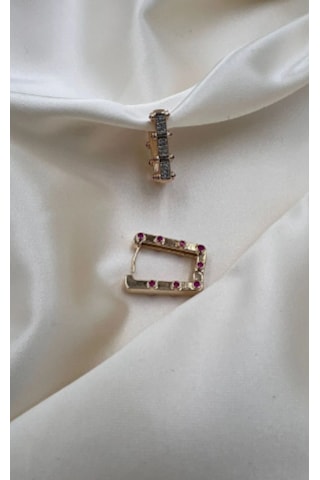 Bb İthal Pembe Taşlı Serenay Serisi Küçük Dikdörtgen Küpe Altın - Pembe