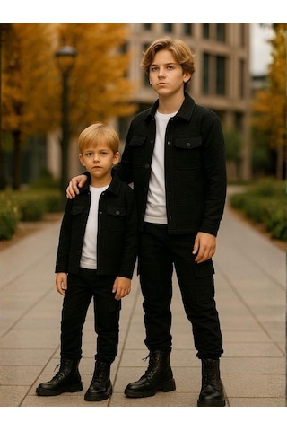 Erkek Çocuk Yumuşak Dokulu Kapitone Kumaş Tasarım Pantolonlu Takım-16356 Siyah