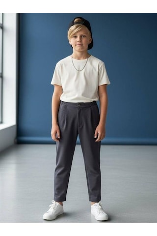 Zekids Erkek Çocuk Pamuklu Rahat Kalıp Duble Paça Eşofman Altı-16626 Füme